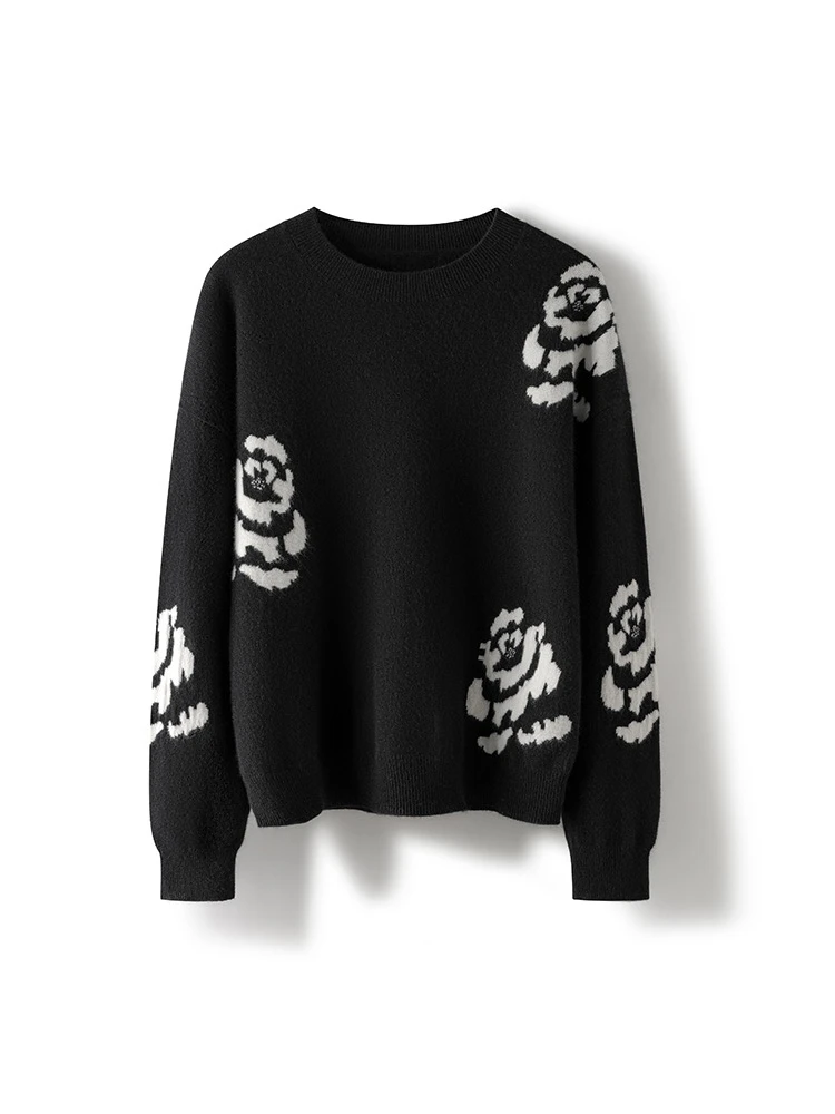 【100%山羊绒】女士圆领大花朵羊绒打底衫80134