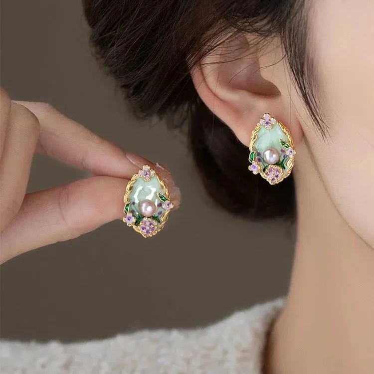 合金树脂耳饰 女千金风绿色法式拼色日韩耳钉饰品