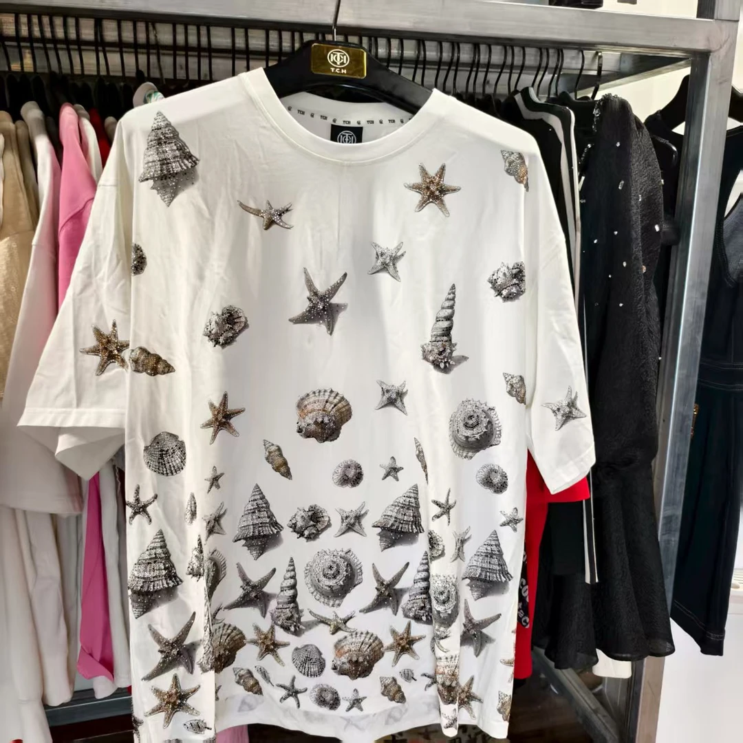 TCH-轻奢时尚潮牌烫钻贝壳海星短袖T恤T75C10E9017