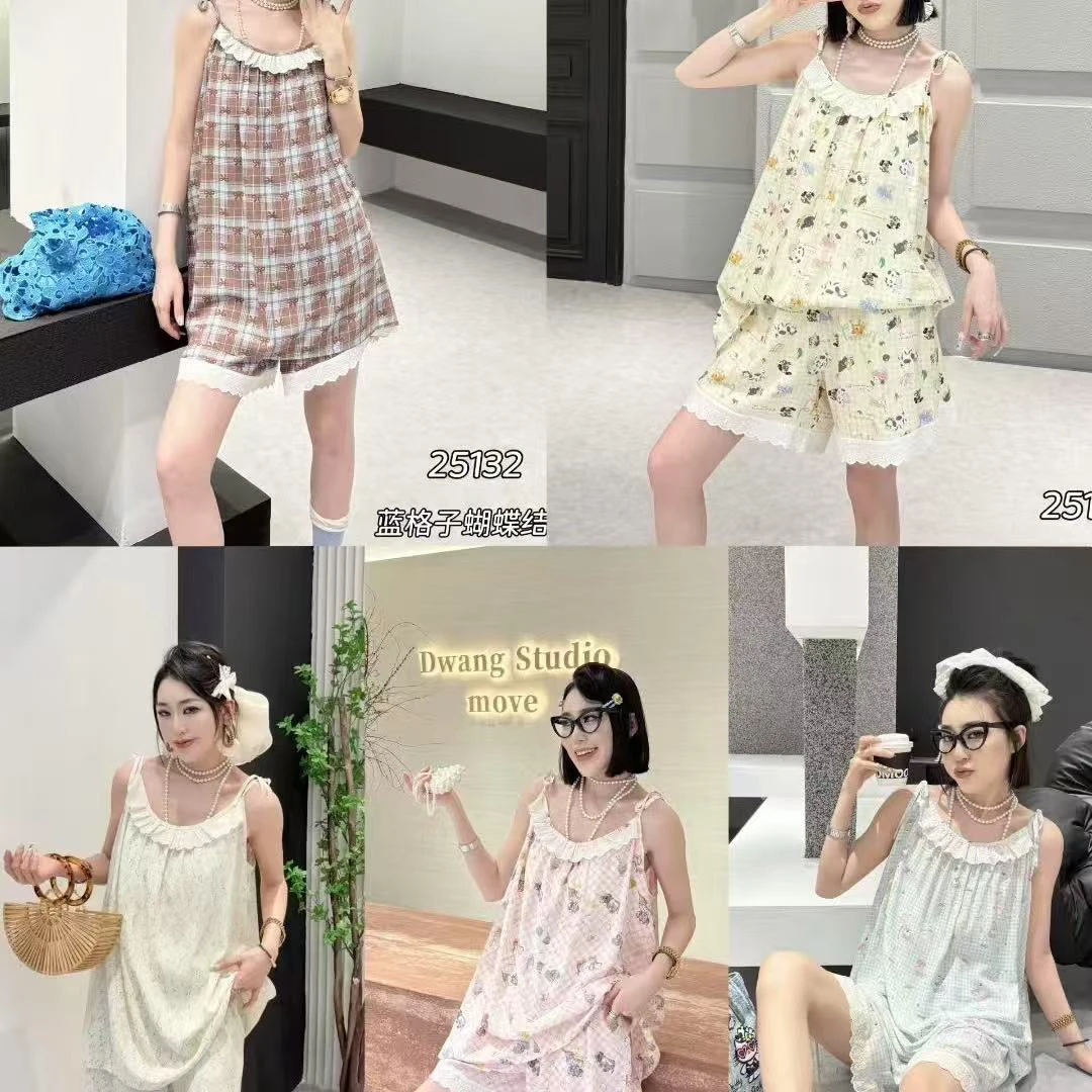 胖胖家*25132新款碎花蕾丝吊睡衣家居服套装
