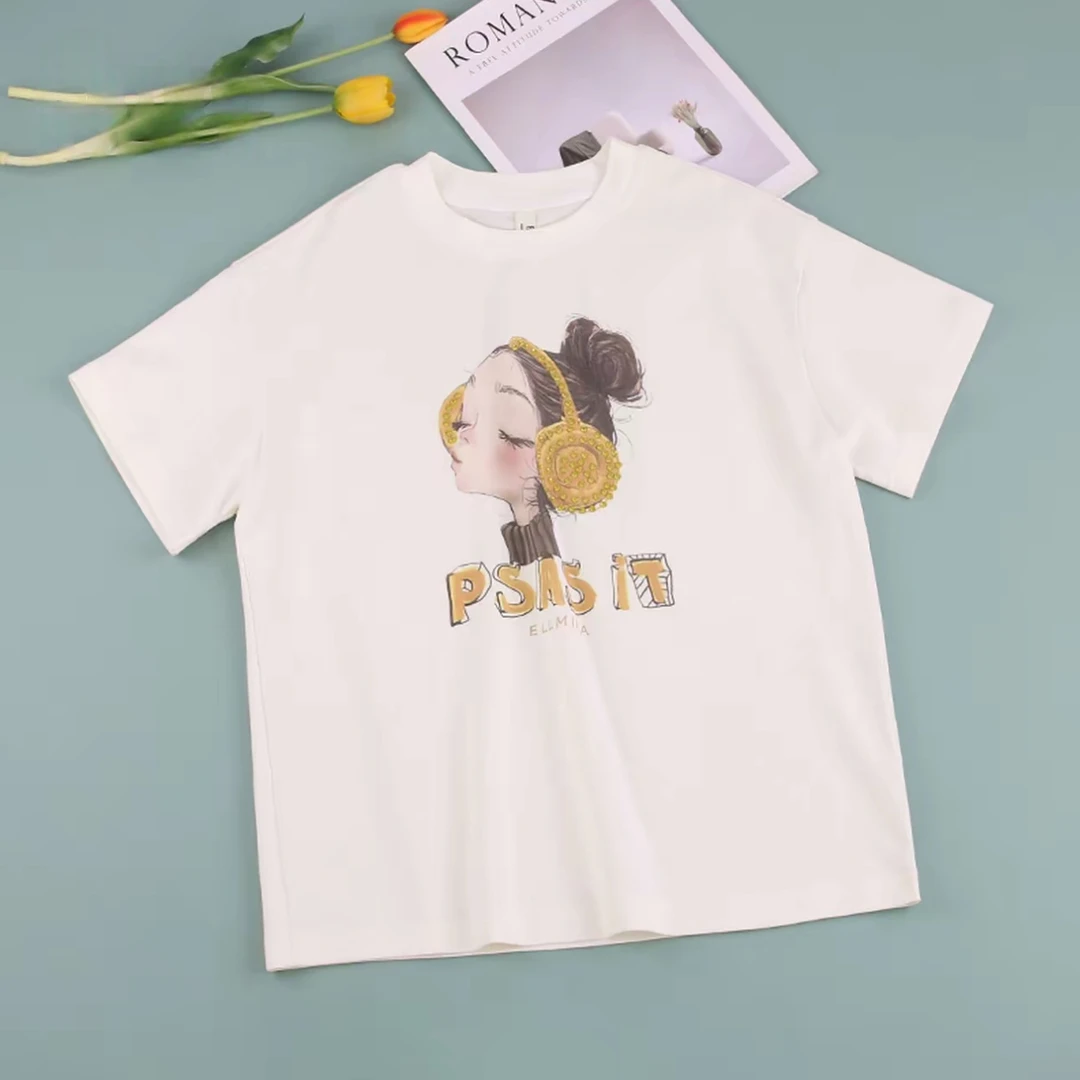 CSC2210女童短袖t恤上衣打底宽松圆领白色2025新款大童洋气薄款