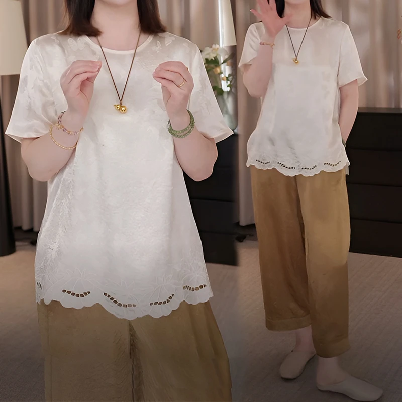 新中式国风圆领短袖t恤休闲长裤女夏季2025新款时尚宽松百搭套装