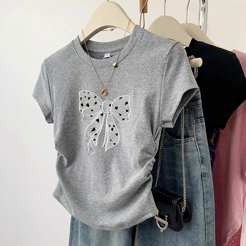 2025新款蝴蝶结灰色正肩短袖t恤女夏季夏小个子短款修身体恤上衣