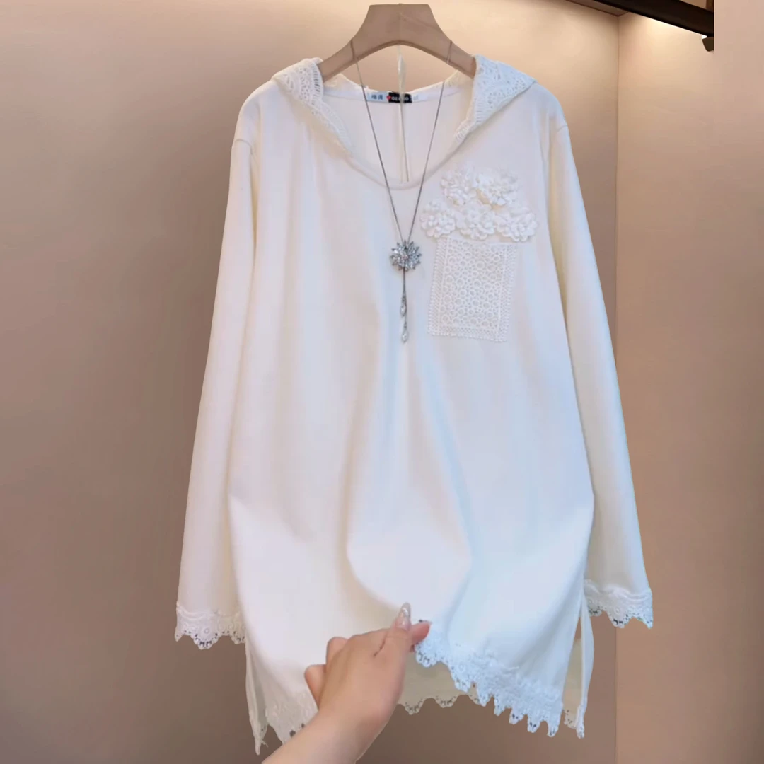 秋季大码女装胖妹妹白色纯色连帽蕾丝边大版遮肉宽松显瘦时尚长袖