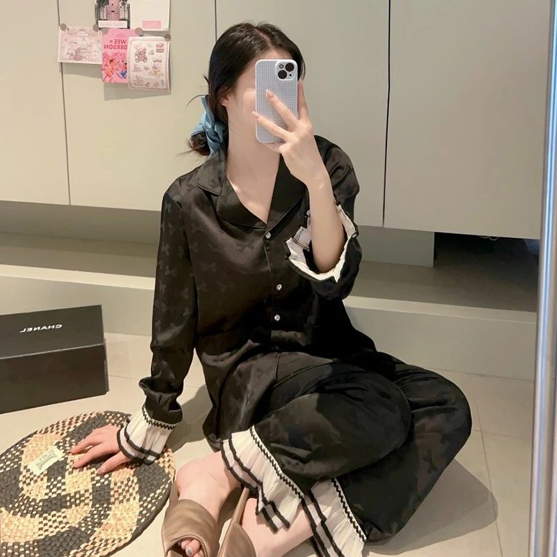 轻奢蝴蝶结冰丝睡衣女春秋长袖长裤2025新款高级感甜美家居服套装