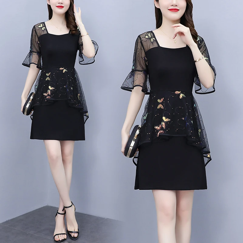 大码女装胖夏季新款韩版短袖荷叶边珠片刺绣连衣裙