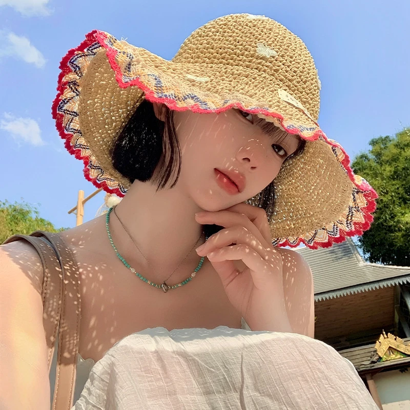 2025新款彩色花边编织蝴蝶刺绣方圆脸草帽女夏季海边防晒渔夫帽子