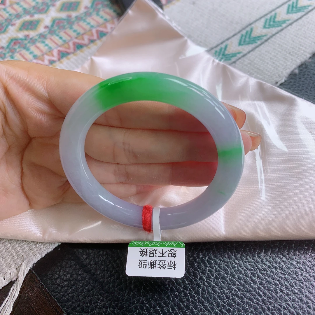 54圈天然缅甸A货翡翠老坑料紫罗兰春带彩飘阳绿圆条手镯