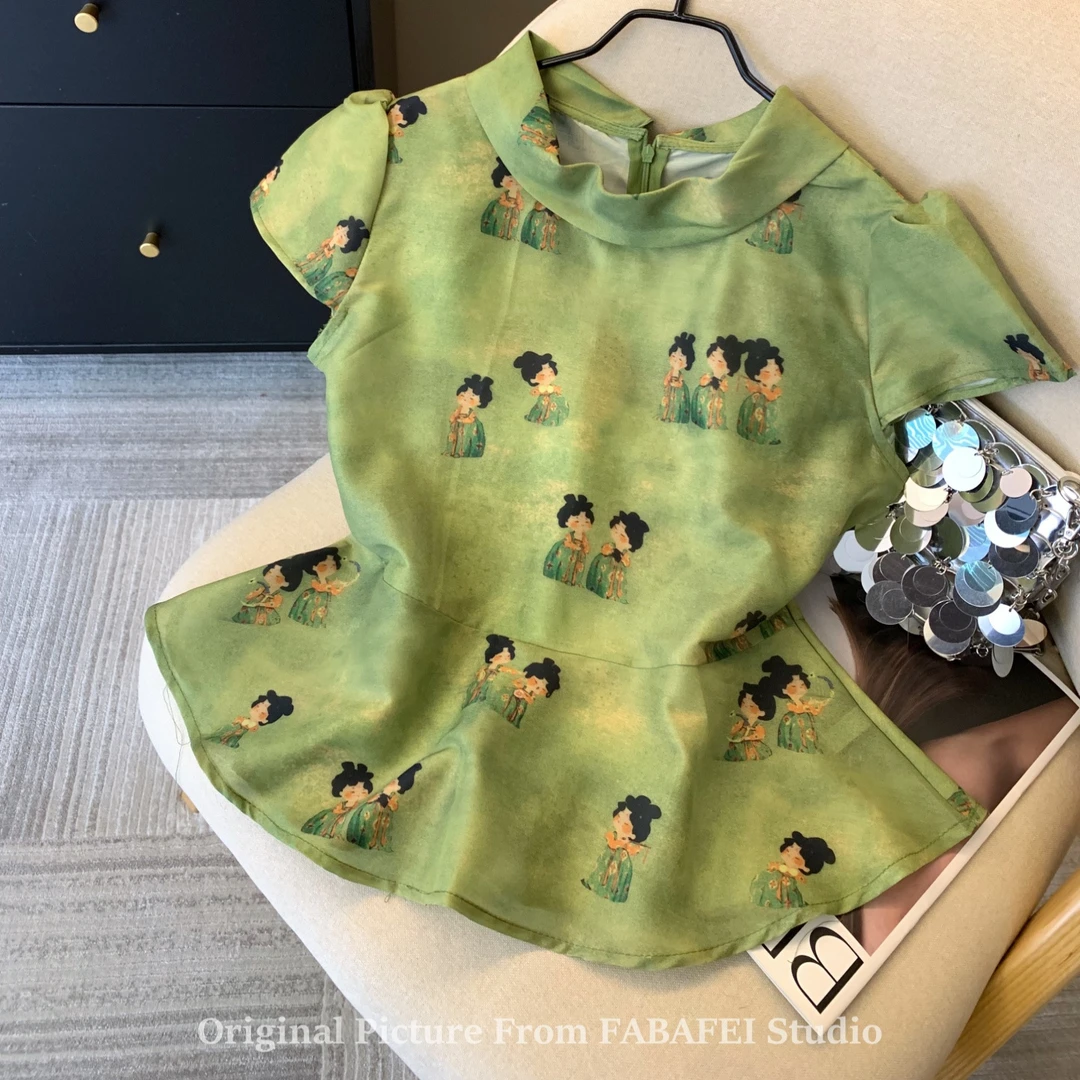 新中式绿色印花短袖衬衫女夏国风立领改良旗袍高级感裙摆缎面上衣