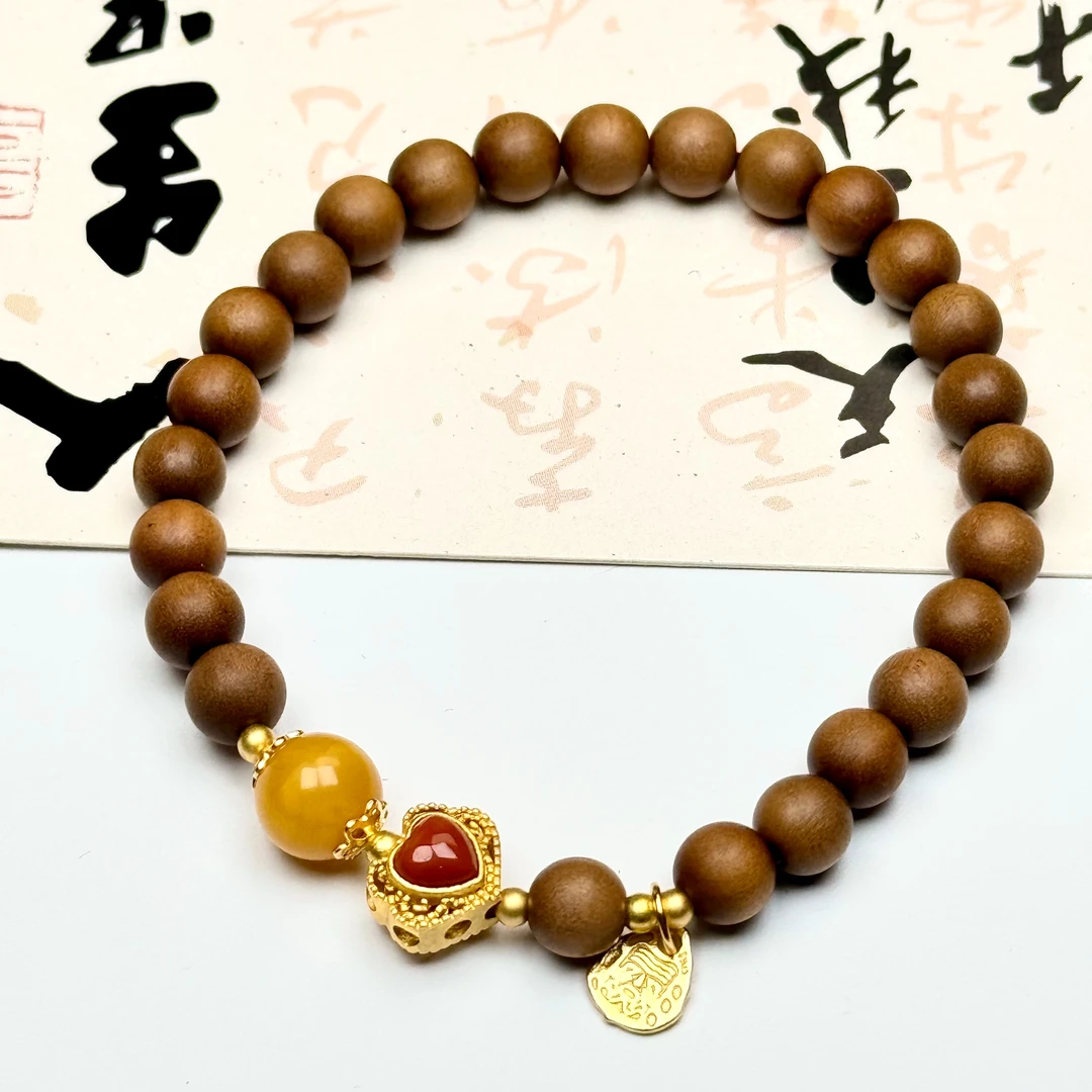 檀香木老山檀香黑肉6mm爱心南红串珠文玩搭配蜜蜡单圈檀香手串