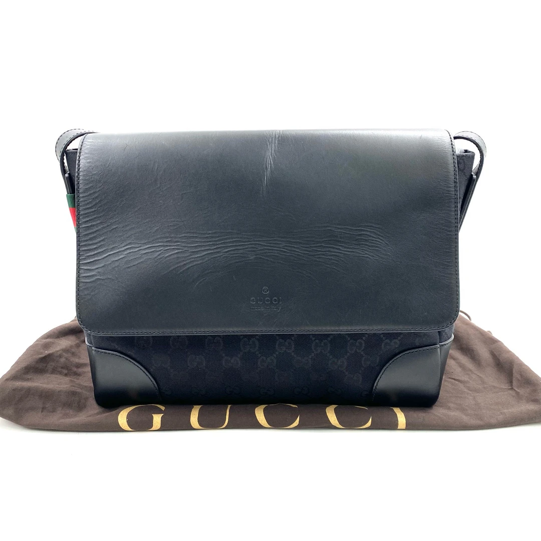 95新 GUCCI/古驰 黑色帆布拼皮斜挎包 尺寸30/23男士经典奢侈