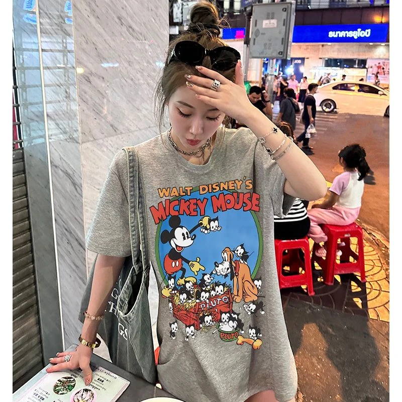 港风ins米奇灰色显瘦短袖T恤上衣洋气女装纯棉休闲情侣装高级半袖