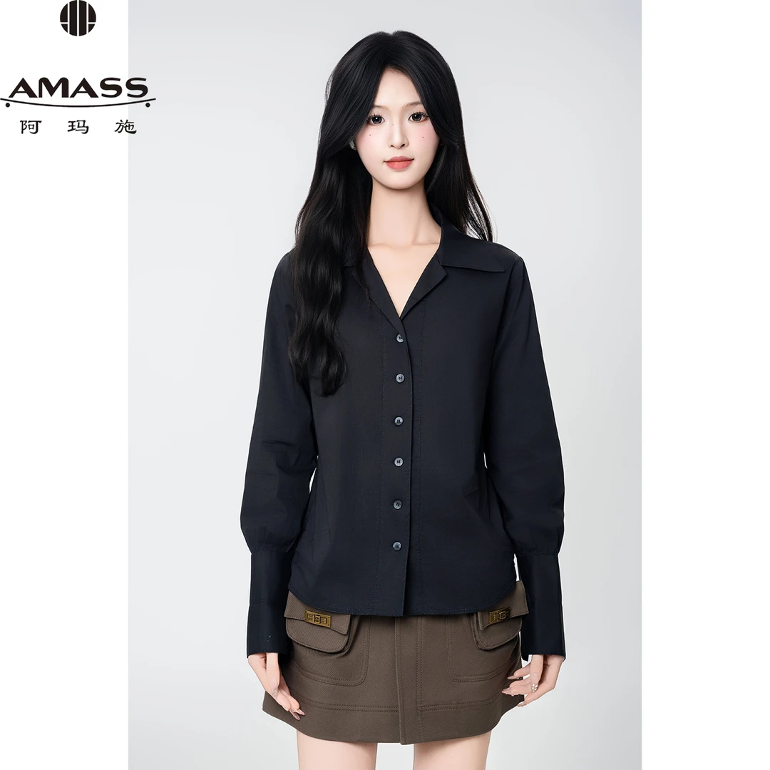 AMASS/阿玛施2024秋季纯色V领简约收腰显瘦长袖衬衫上衣女5300823