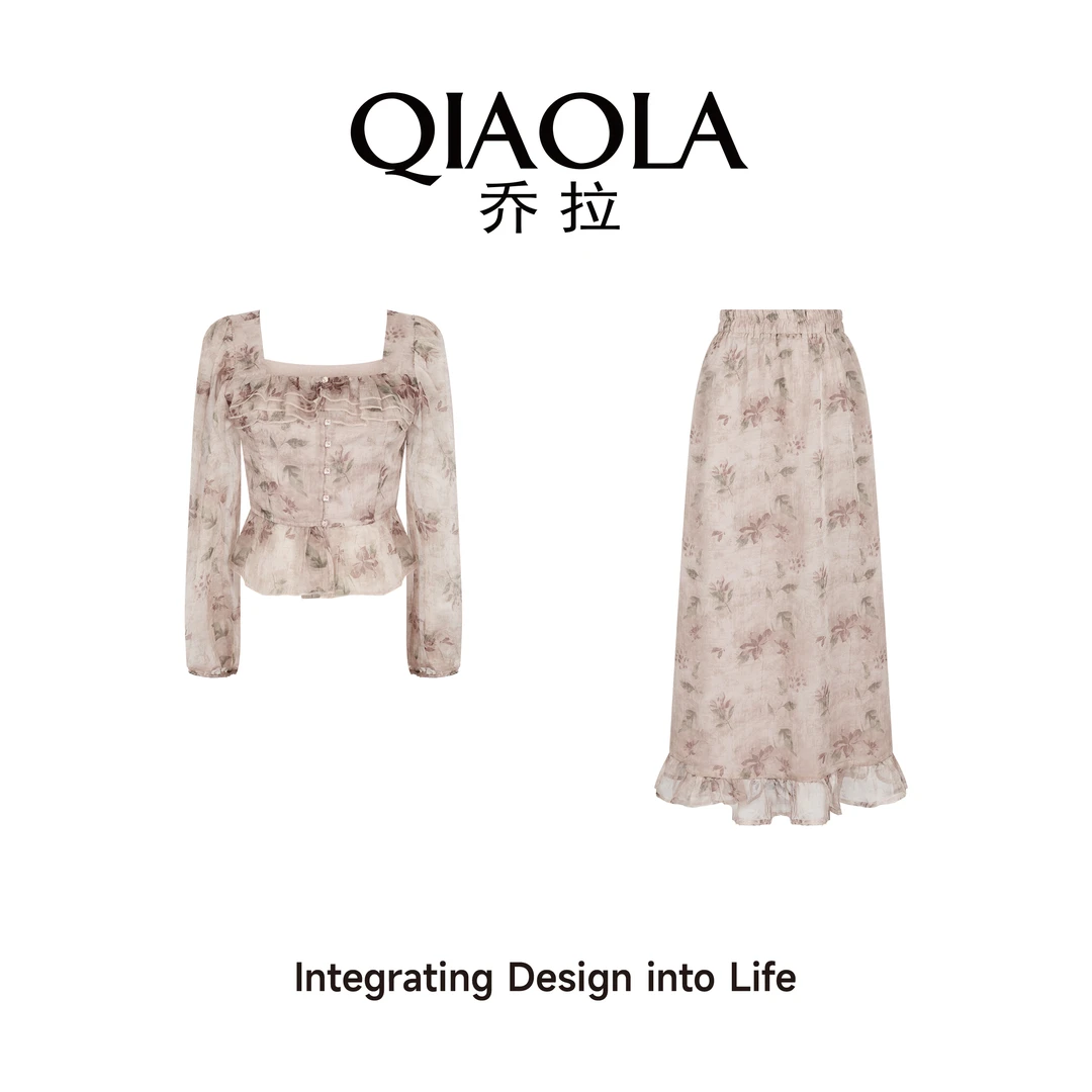 QIAOLA/乔拉【万镜花海】春季印花方领木耳边轻奢减龄时尚套装预售