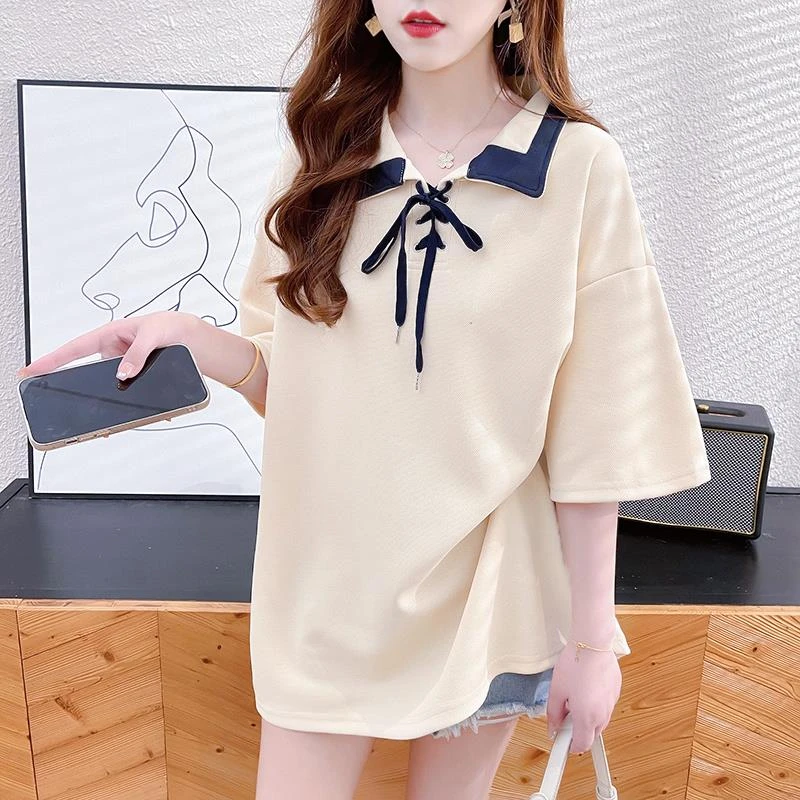 大码女装别致POLO衫系带短袖T恤女夏装新款宽松ins潮港风学生上衣