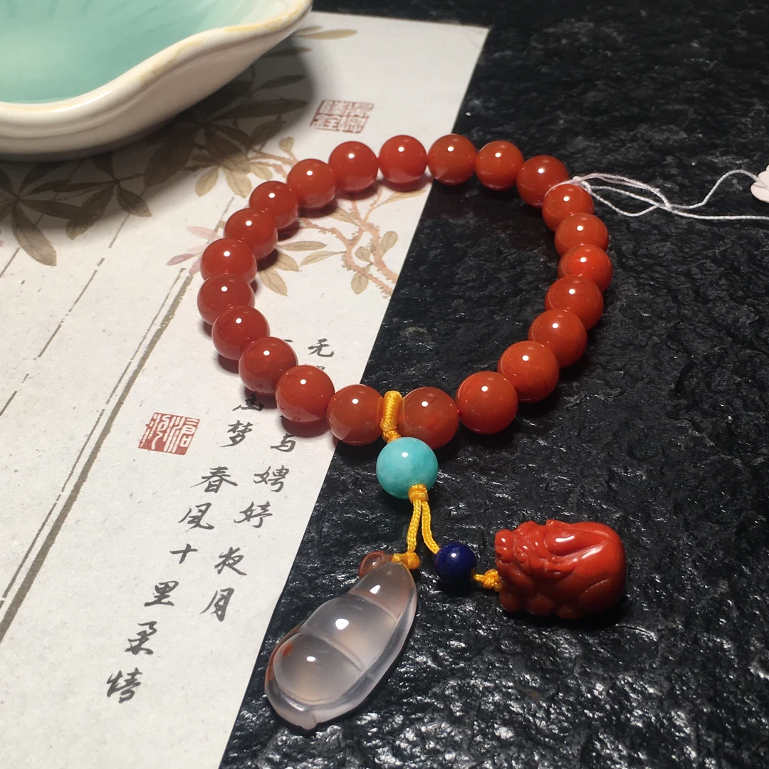 【朱锦南红】天然川料南红玛瑙DIY设计手串貔貅精美时尚8.2mm26.4g