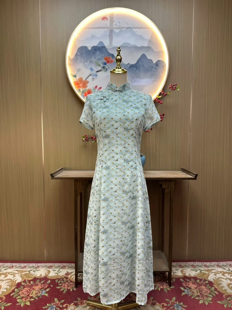 夏日波点 蓝 经典永不过时气质文艺国风复古优雅奥黛改良长款旗袍