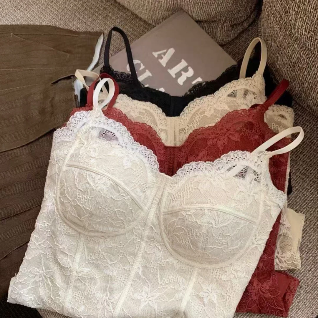 法式蕾丝鱼骨胸衣吊带背心女带胸垫美背修身内搭6100#