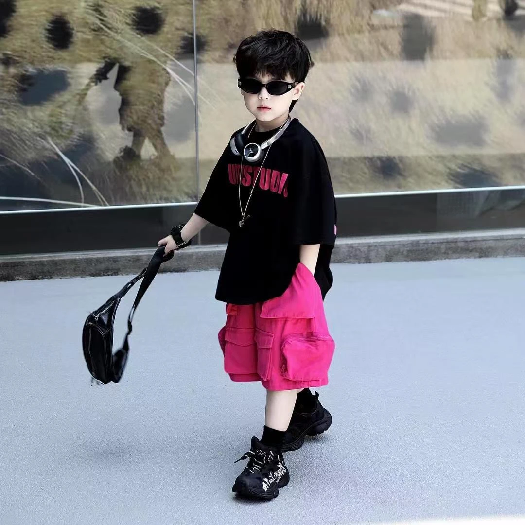 工装裤男童时髦童装夏季新款儿童潮流豹纹两件套装夏装印花恤卡通