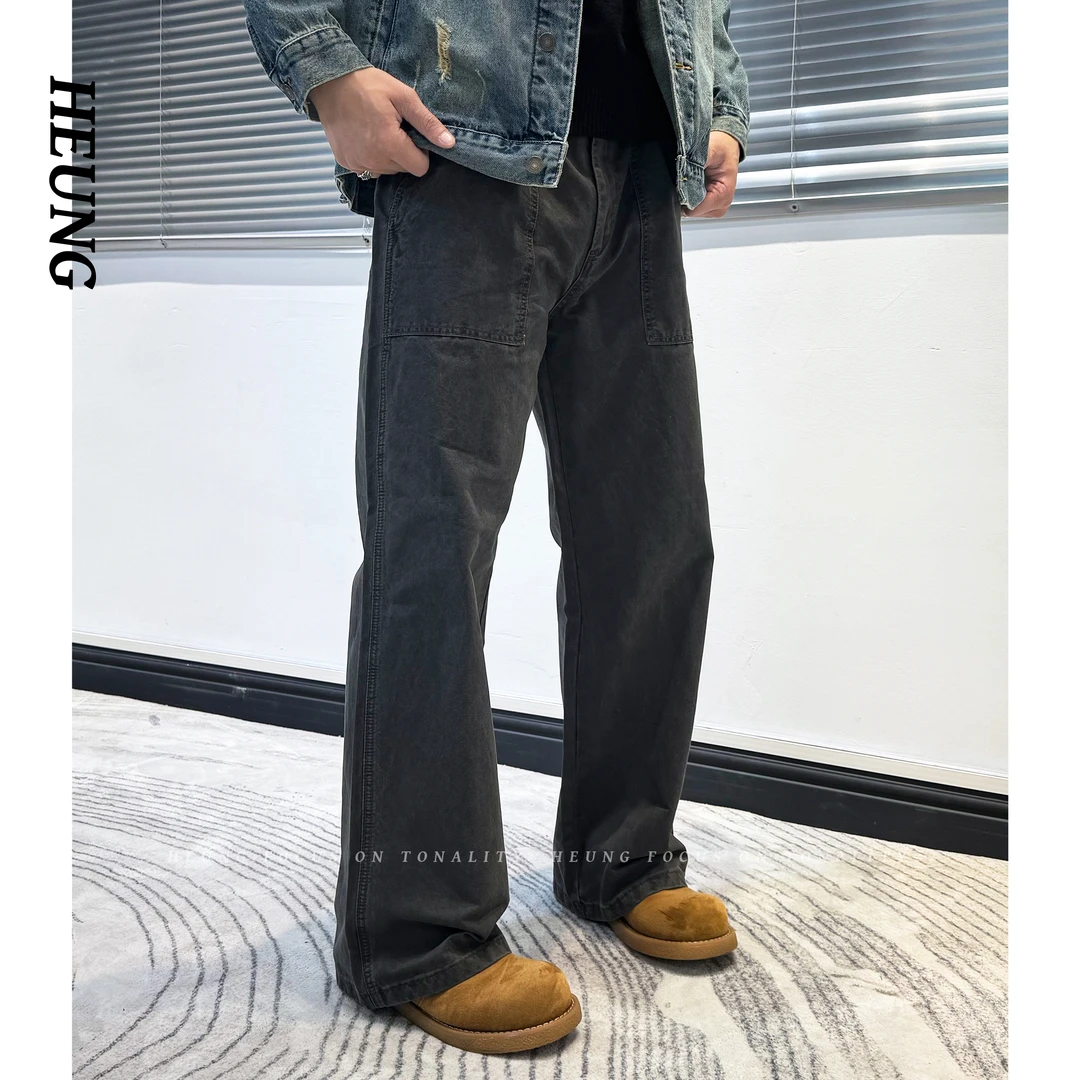 HEUNG 秋冬复古美式纯色直筒宽松水洗纯棉伐木阔腿长裤男潮流百搭