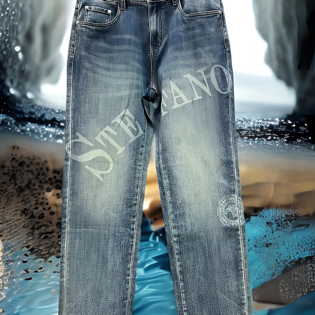 2025天哥时尚阔腿休闲牛仔裤夏季春夏潮流修身水洗蓝色男款百搭