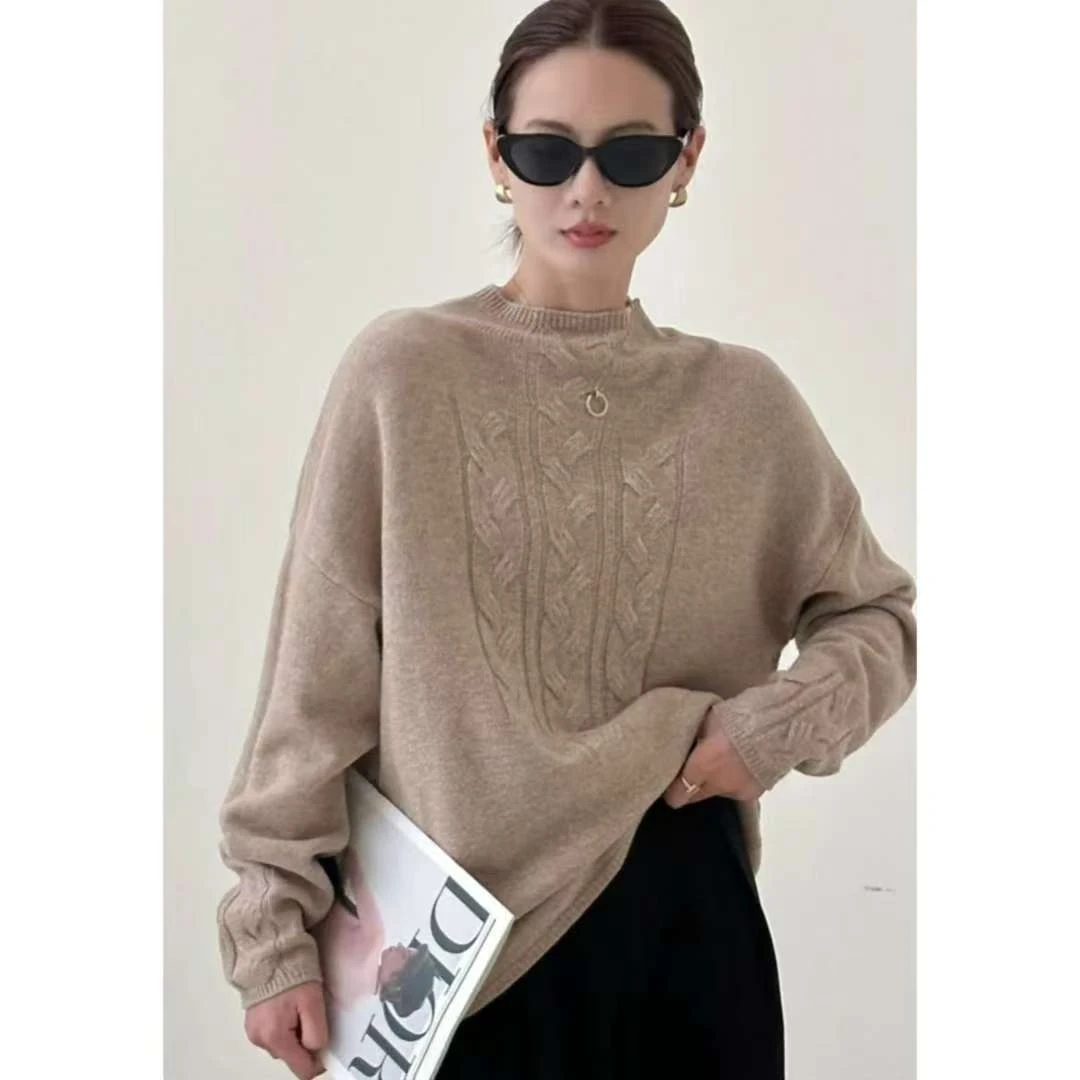 时尚新款100羊毛9309编花圆领羊毛针织衫