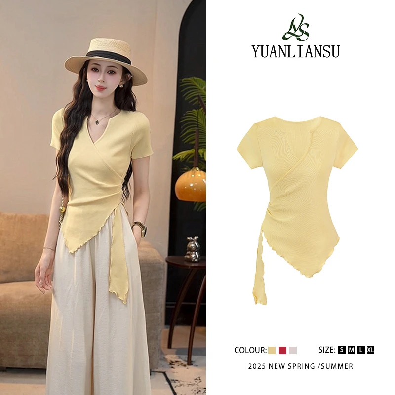 【绵绵芝士】设计感小众不规则下摆短袖针织衫女