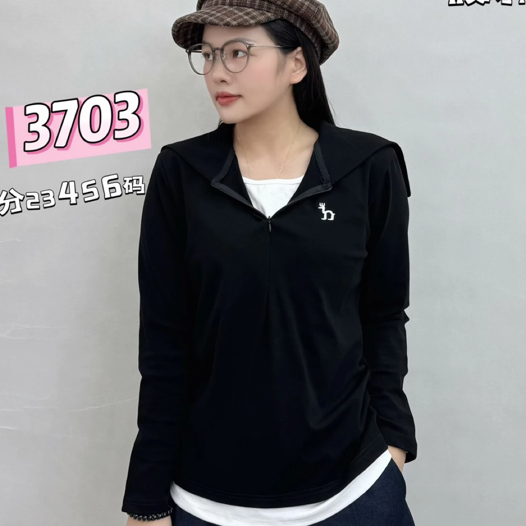 【彩衣蝶】秋季韩式假两件半拉链上衣显瘦百搭女T恤3703