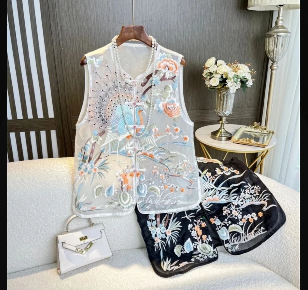 【孔雀开屏】中式圆领重工刺绣马夹上衣时尚百搭乔其纱无袖背心女