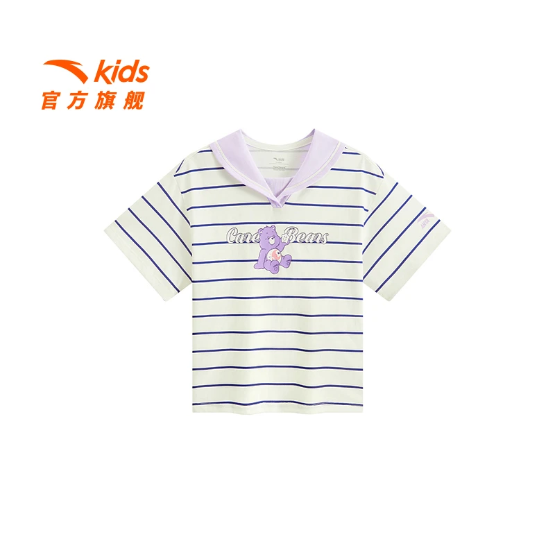 商场同款安踏儿童女小童针织短袖衫2025夏季柔软亲肤纯棉条纹短T