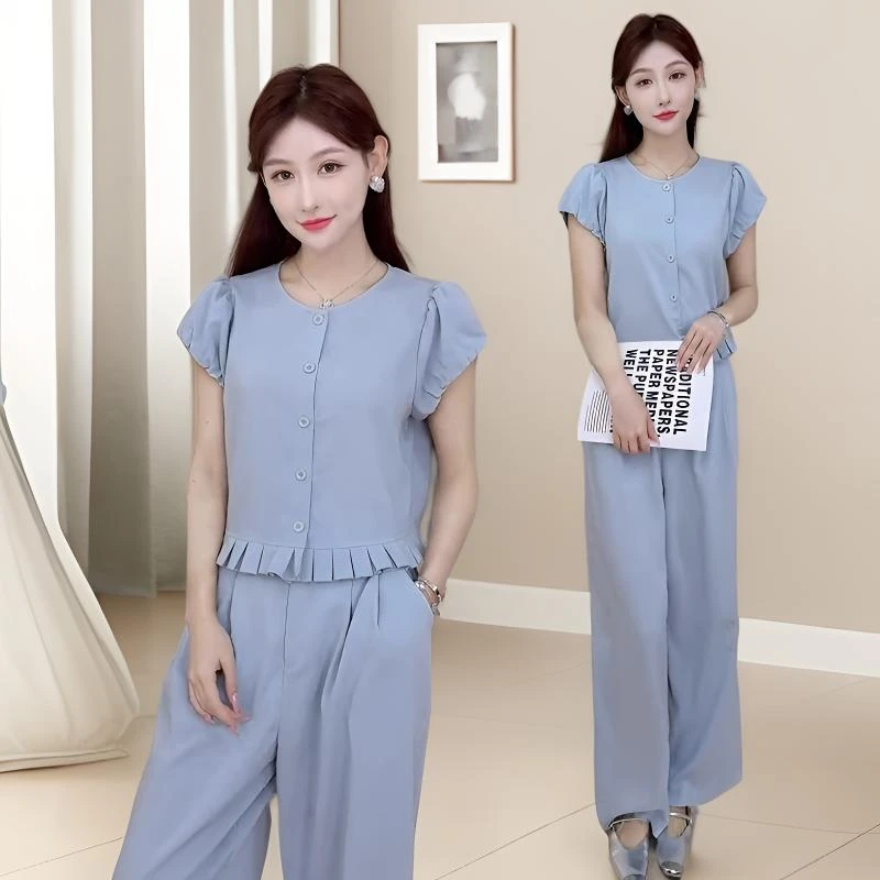 时尚套装女2025夏季新款小个子洋气显瘦减龄无袖上衣阔腿裤两件套