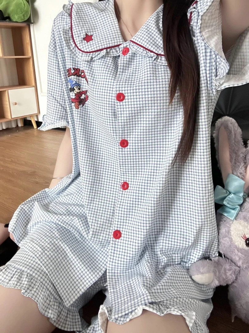 可爱卡通米奇印花格子娃娃领睡衣女款2025夏季亲肤舒适家居服套装