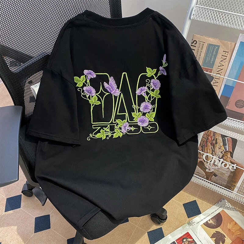 万针全刺绣工艺刺绣短袖夏季修身型情侣字母T恤夏装ins印花新中式