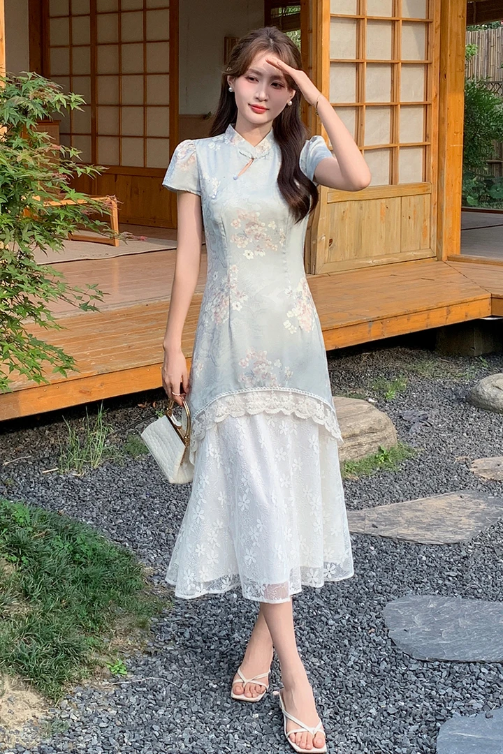 新中式裙子圆领复古少女蕾丝法式减龄宽松裙连衣裙显瘦气质小个子