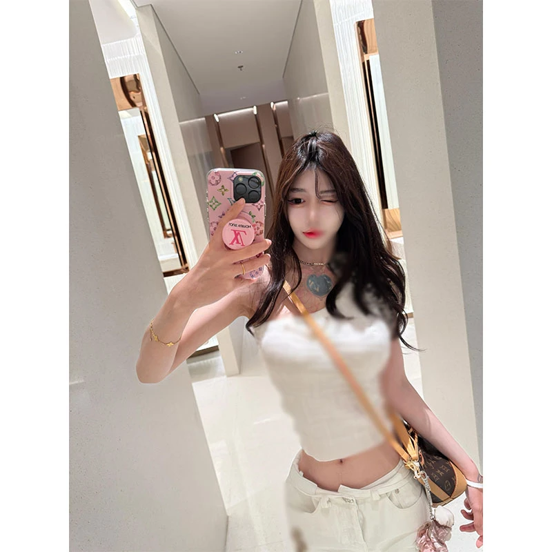 独特好看通勤修身背心女夏季新款轻奢名媛风斜肩绑带老花短袖上衣