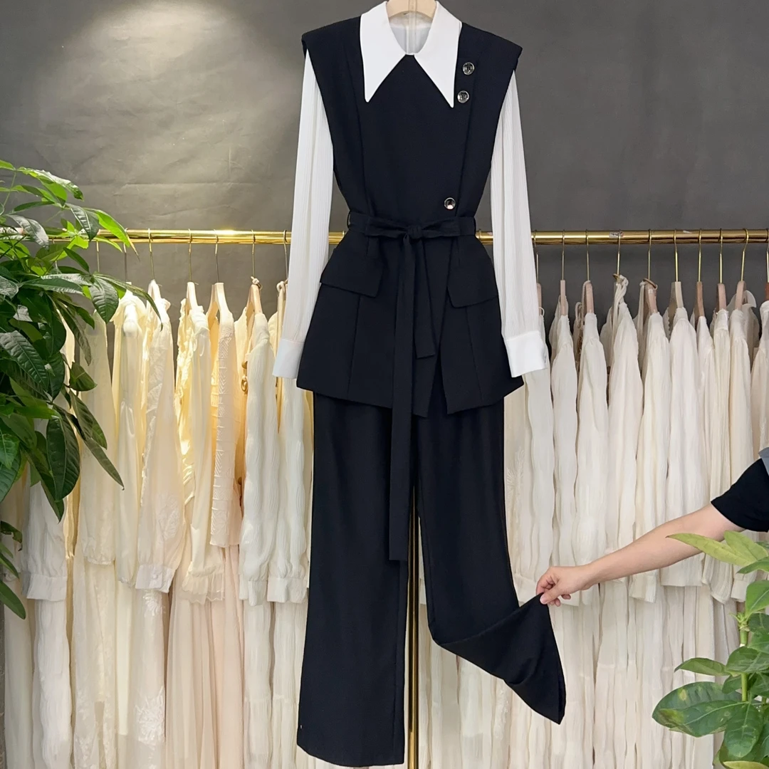 〈纪朵研〉1251时尚气质套装秋季新款显瘦马甲阔腿裤轻奢减龄套装