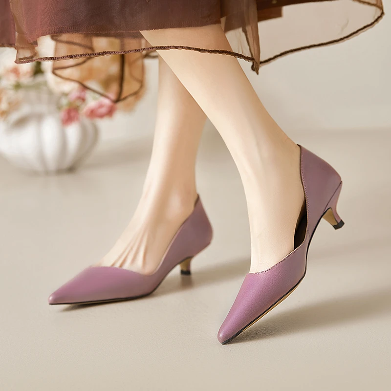 4厘米法式温柔紫色浅口单鞋细跟真皮尖头中跟高跟鞋气质工作女鞋
