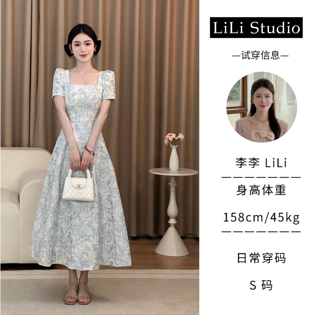 【青花瓷】LiLi法式气质高级感提花显瘦方领连衣裙XMZH3370