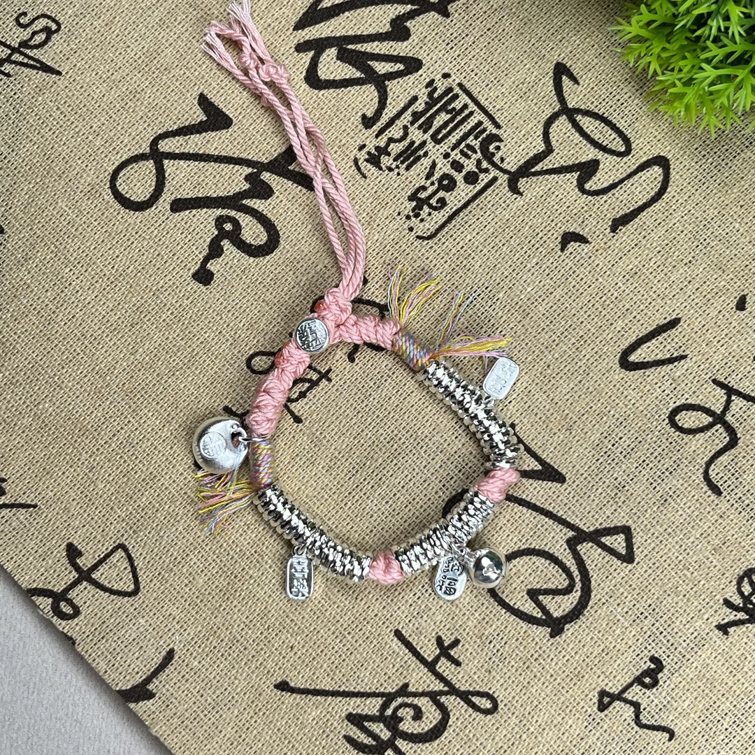 足银手链 足银手链A203盘缠银坨彩绳手串足银9999时尚个性手饰