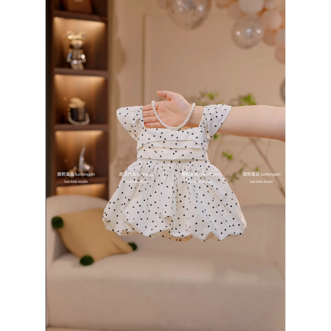 女童2025夏季新款简单甜美飞袖波点花苞连衣裙公主连衣裙