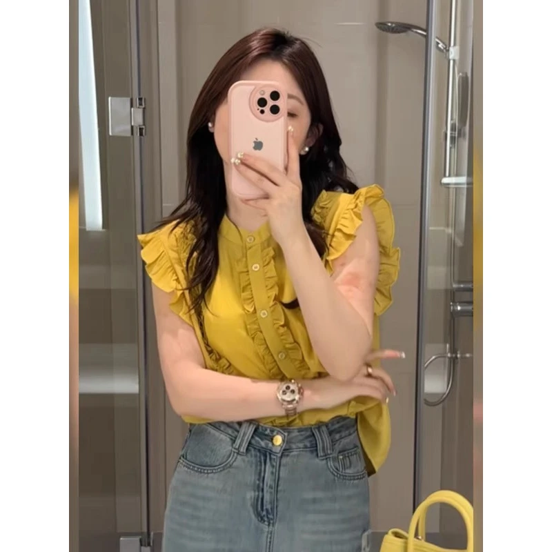 【611TL】法式木耳边无袖衬衫女轻薄设计感洋气减龄小衫好看背心