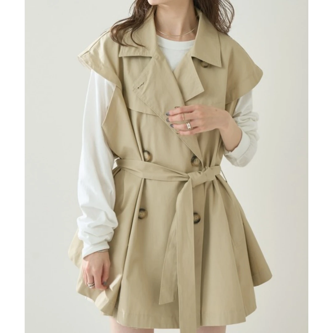 【DD外贸】春夏新款 M 气质百搭无袖大翻领荷叶边收腰风衣外套女士