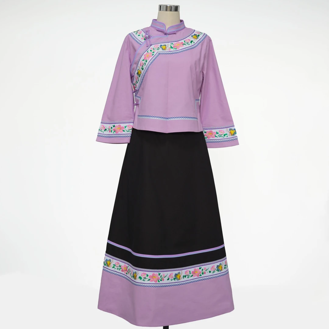 女士传统民族服装民族风表演服长袖小个子土布A字裙壮族布依族