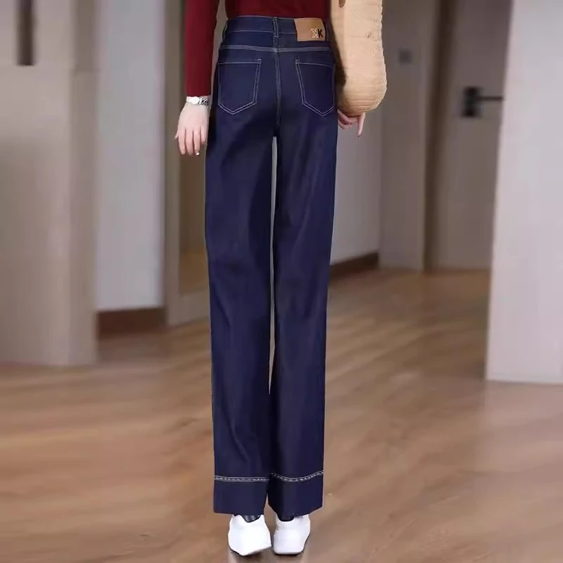 高档丹宁蓝窄版牛仔裤女2025春夏新款休闲百搭宽松显瘦直筒阔腿裤