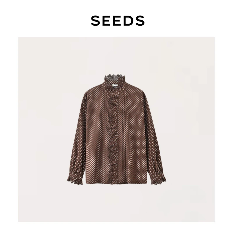 【西西里】SEEDS  4*5R~100棉 复古波点刺绣镂空花边立领长袖衬衫