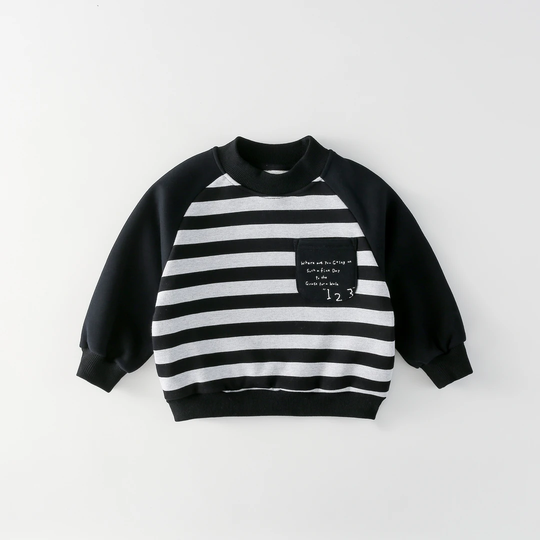 66629儿童条纹加绒卫衣潮酷男女宝一体绒柔软套头打底卫衣