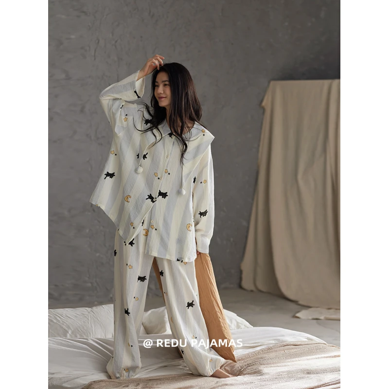 热妒睡衣女春秋纯棉纱布长袖甜美可爱2025年秋季可外穿家居服套装