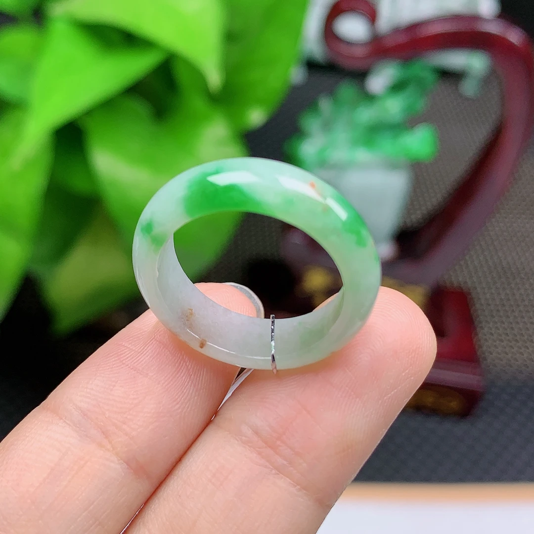 A00206天然缅甸翡翠A货冰飘阳绿带洒金戒指玉戒圈17圈径18mm