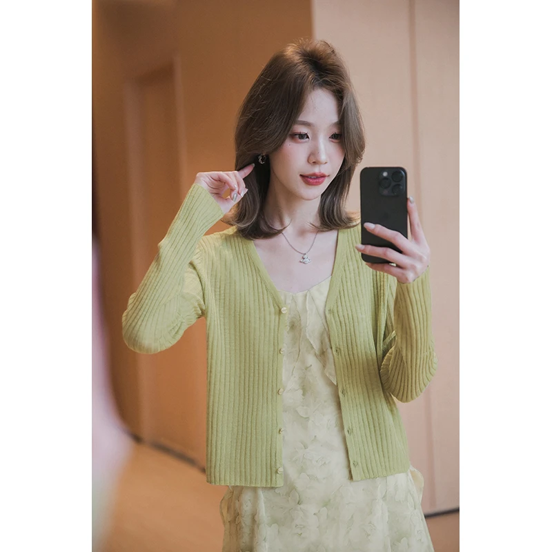 【季末折扣】青果开衫宽坑条纹理抗变形v领/空调衫防晒