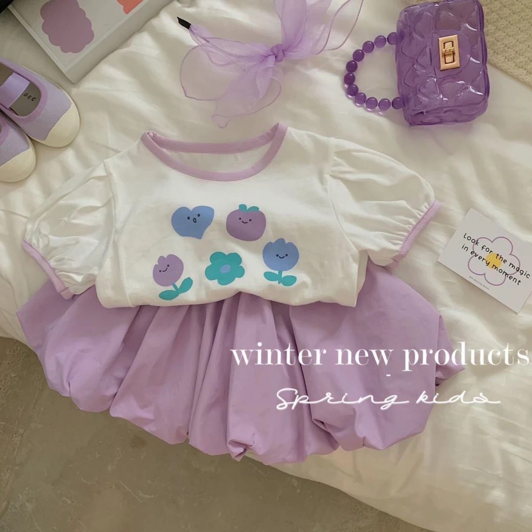 舒适柔软!2025新款韩版女童夏季套装甜美紫色短T+花苞短裤两件套